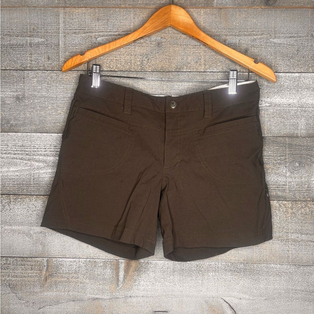Athleta 6 athletic Brown Stretch Everyday Shorts nylon spandex flap pocket midi